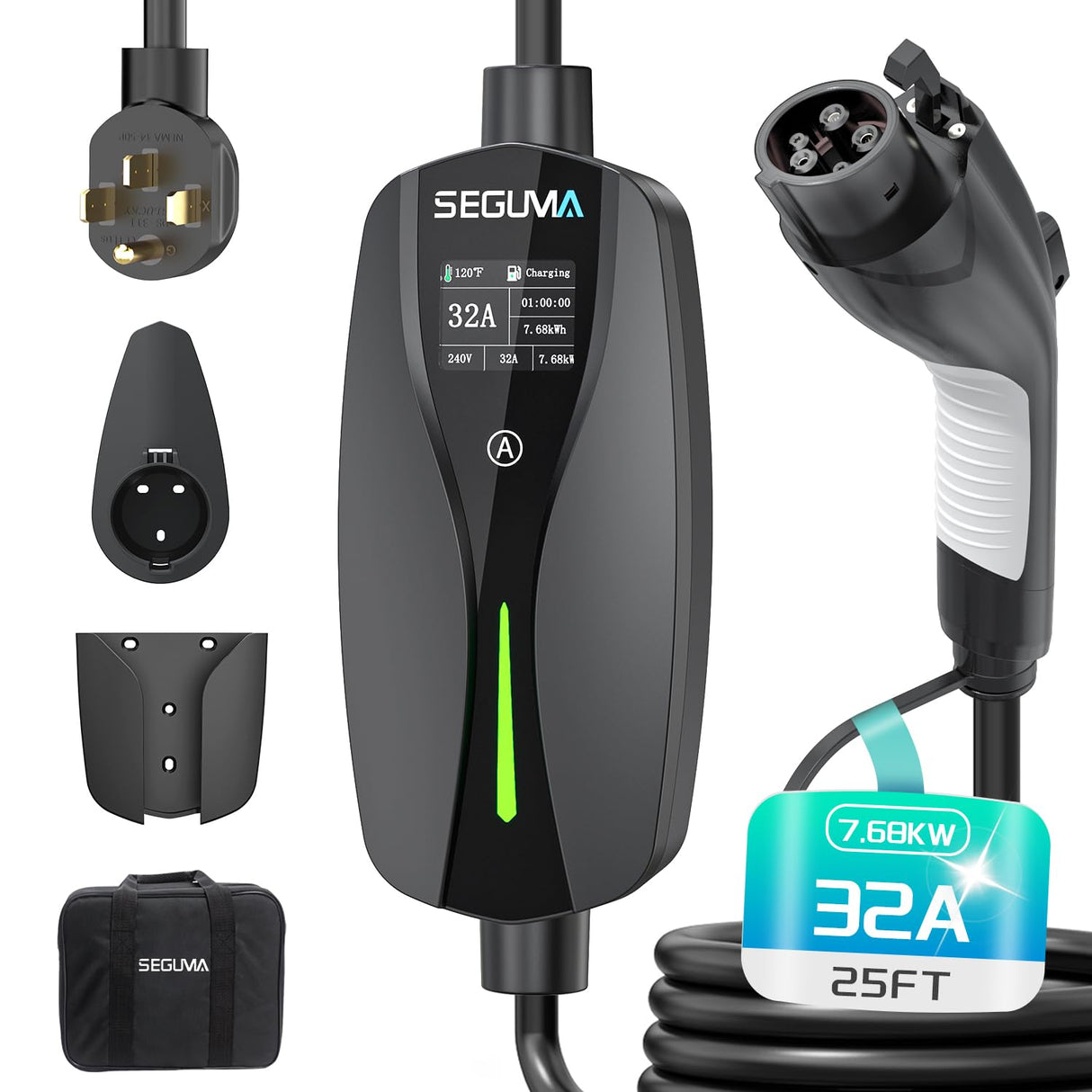 Level 2 EV Charger(32A, 240V, NEMA 14-50 Plug), Portable SAE Electric Car Charger with 25ft EV Charger Extension Cord, Adjustable Current, Home Outdoor Level 2 Mobile Electric Vehicle Charging Station SEGUMA