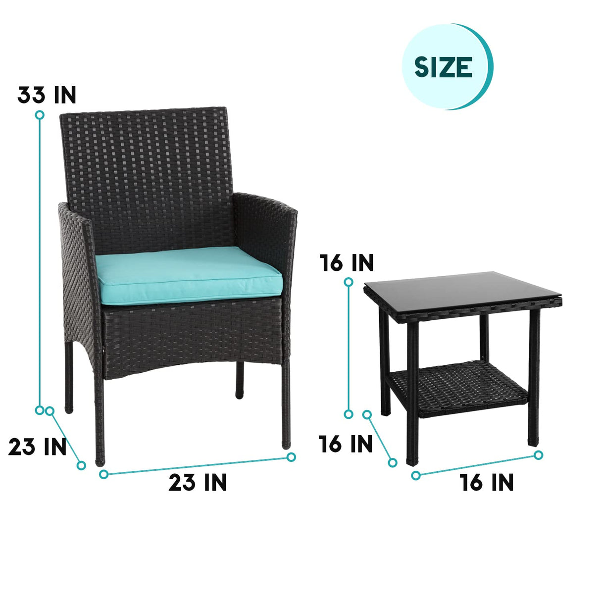 FDW 3 Piece Outdoor Furniture Set Patio Wicker Chairs Furniture Bistro Conversation Set 2 Rattan Chairs with Blue Cushions and Glass Coffee Table for Porch Lawn Garden Balcony Backyard FDW