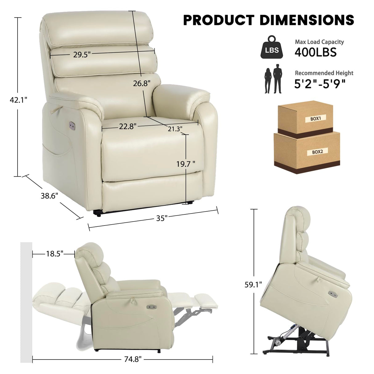 EONIX Dual Motor Lay Flat Power Lift Recliner Chair for Elderly, Breathable Leather Electric Lift Chairs for Adults, 400lbs Heavy Duty Power Recliner with Heat and Massage, SLRY003061, Cream White EONIX