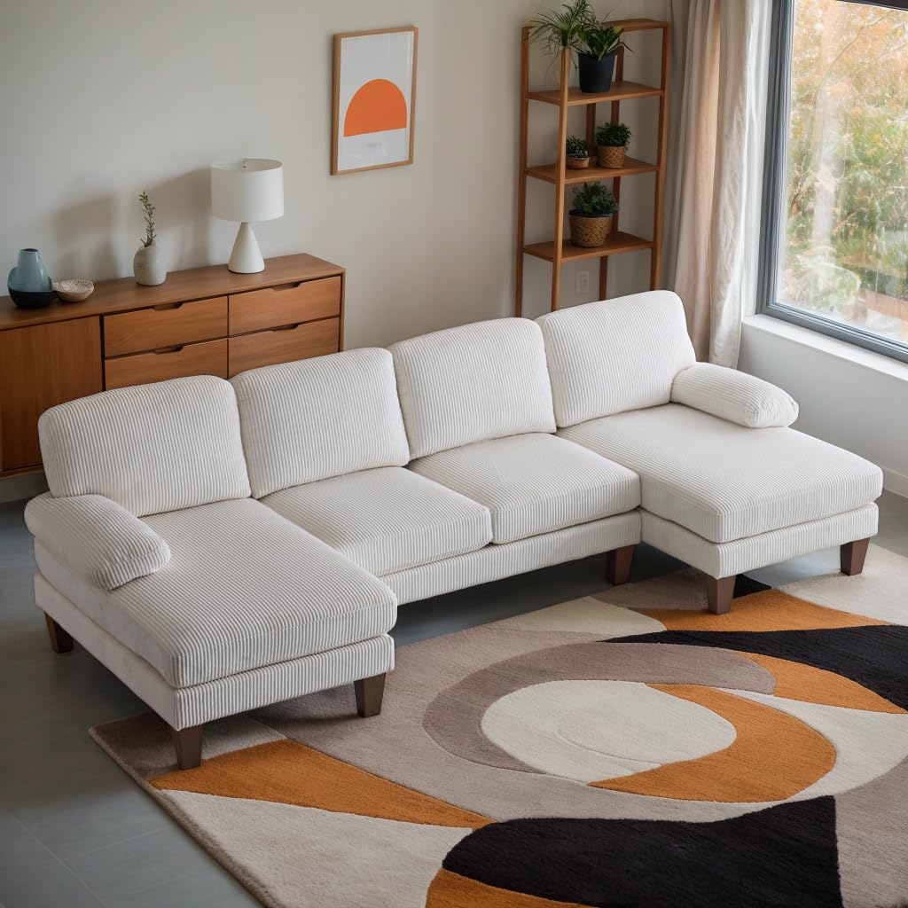 Karl home U-Shape Sectional Sofa Couch 111" Modern 4-Seat Sofa with Chaises Corduroy Fabric Upholstered Covertible Couch with Wood Grain Legs for Living Room, Reception Room, Apartment, Beige Karl home