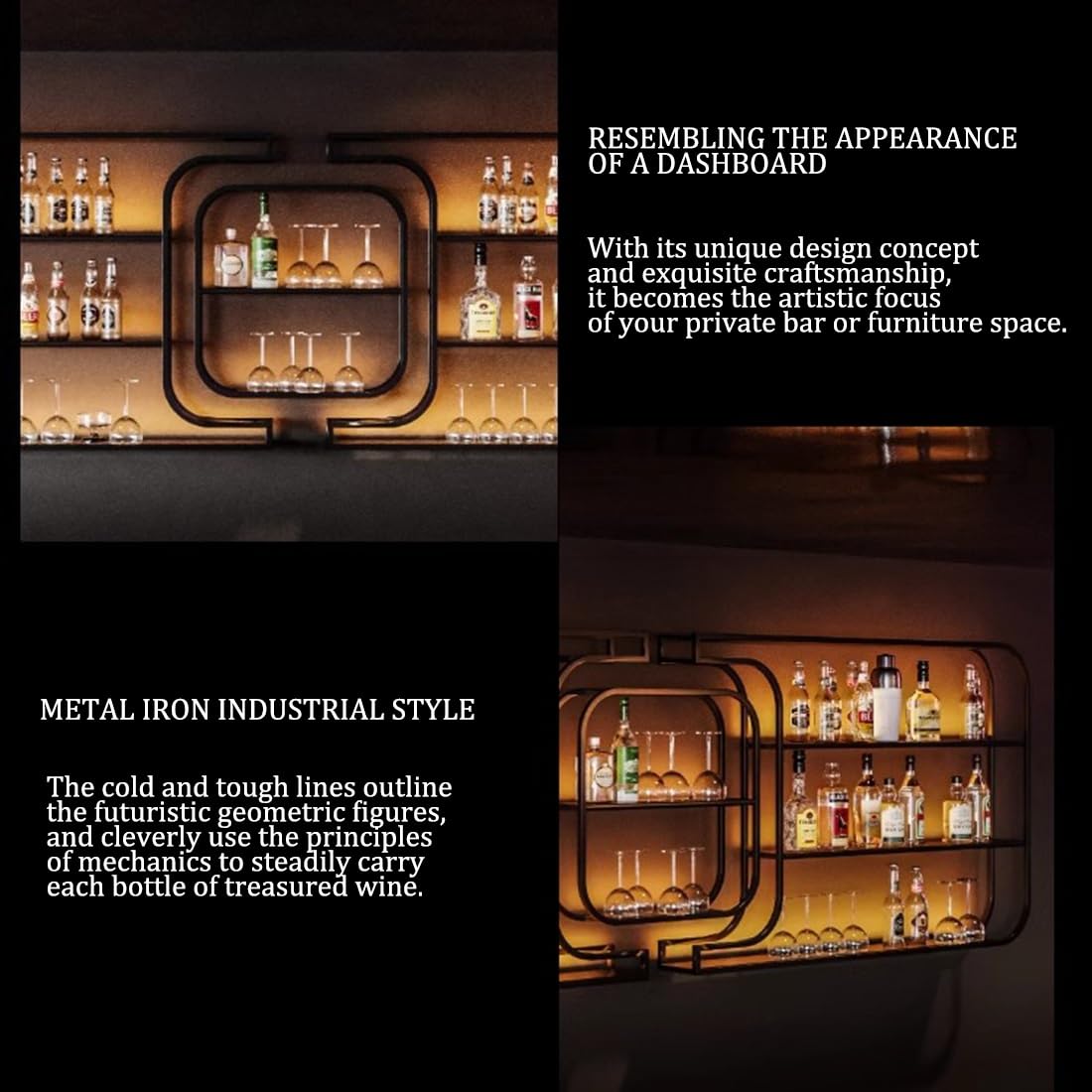 Large Wine Storage Rack Wall Mounted With LED Light With Wine Glass Holder, Heavy Duty Iron Bar Liquor Shelf,Floating Wall Wine Shelves,Bar Liquor Bottle Display Shelf For Kitchen Bar Decoration(350*1 IRHIGBGX