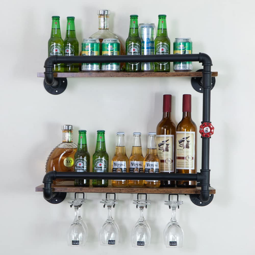 BOTAOYIYI Wine Rack Wall Mounted 2 Tier, Hanging Floating Small Mini Bar Liquor Shelves with Glass Holder Storage Under, Industrial Rustic Pipe Farmhouse Kitchen Decor Black(23.6x10.6x19.7) BOTAOYIYI