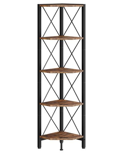 CHOEZON 5-Tier Corner Shelf, Corner Bookcase, 55.2" Tall Vertical Display Rack, Plant Stand, Open Storage Shelf, for Living Room, Bedroom, Study, Kitchen, Rustic Brown and Black TCJ12BF
