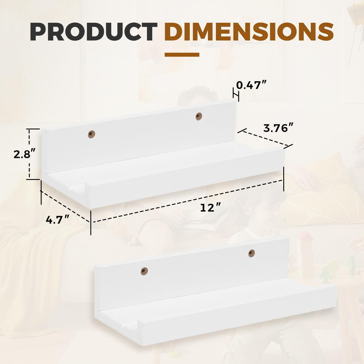 Muzilife 12" Small Floating Wall Ledge Shelves with Lip - Set of 2 Wood Floating Shelves - White Wall Mounted Picture Ledge for Office, Bathroom, Bedroom, Living Room, Kitchen Muzilife