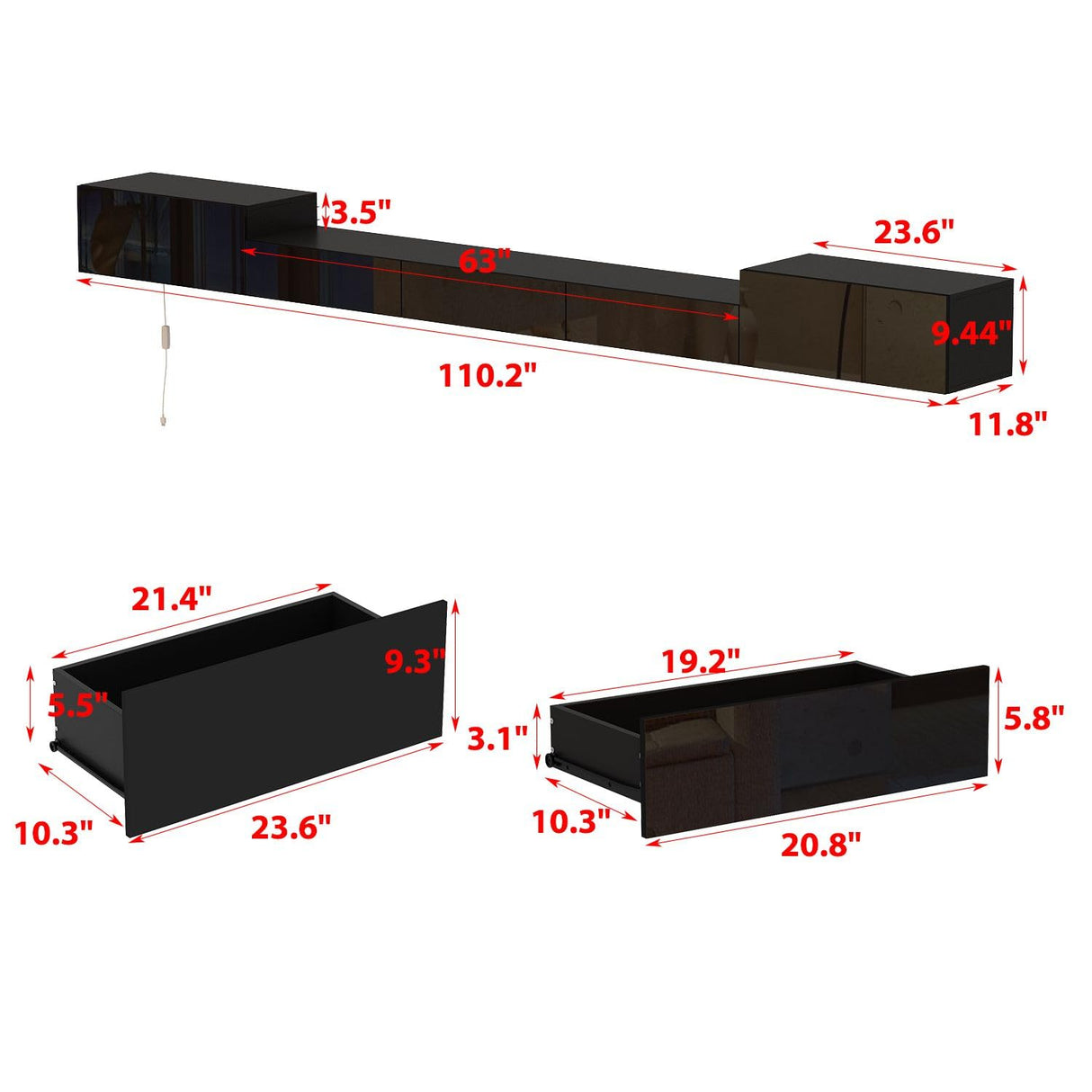 MOUMON Floating TV Console Media Console with High Gloss Drawers & Lights, Modern Wall Mounted TV Stand Floating Media Center for Living Room Black (110.2”W x 11.8”D x 9.4”H) MOUMON