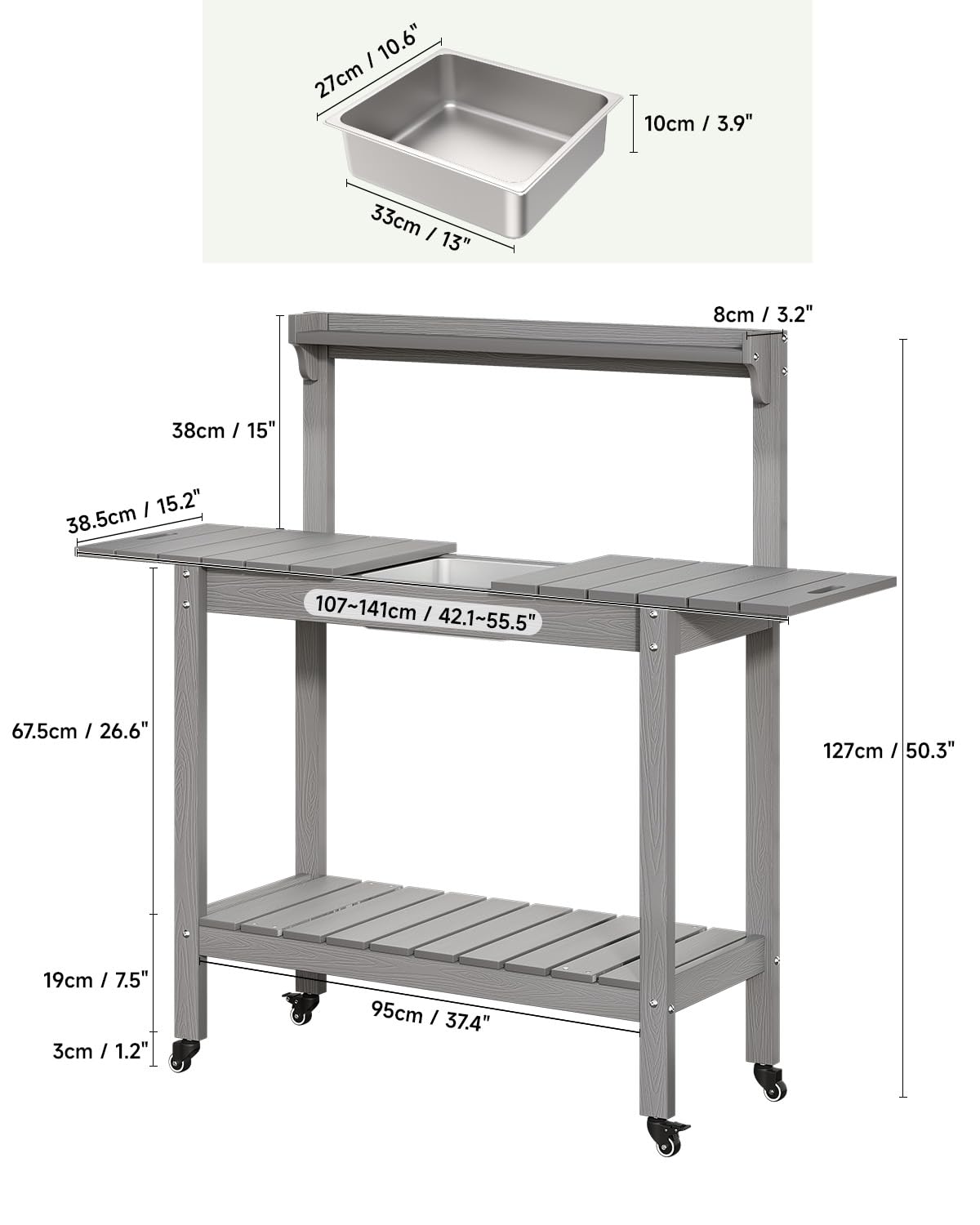 HDPS Outdoor Potting Bench with Sliding Tabletop/ 4 Wheels/Removable Sink, All-Weather Outside Garden Work Table, No Rust/Fade/Break, Potting Station for Porch, Patio & Backyard (Grey) ONBRILL