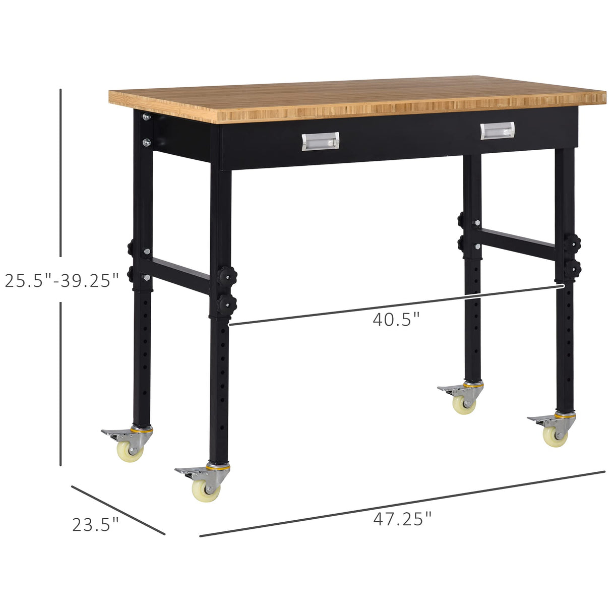 HOMCOM 47" Work Bench with Drawer, Height Adjustable Legs, Bamboo Tabletop Workstation Tool Table on Wheels for Garage, Weight Capacity 1320 Lbs, Black/Natural HOMCOM