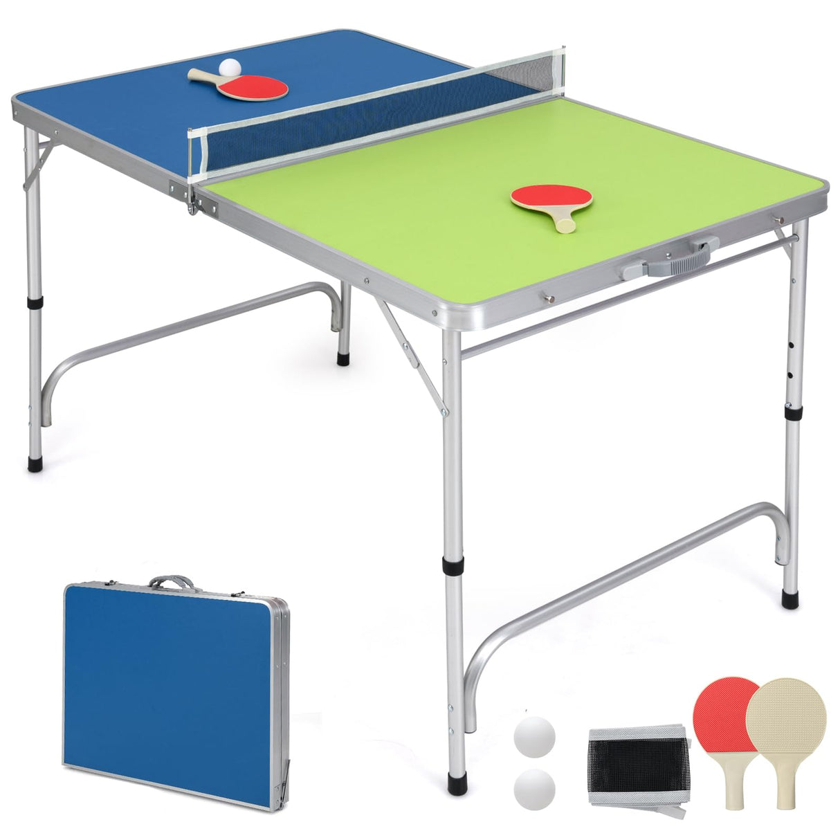 Goplus Foldable Ping Pong Table, 100% Preassembled Mini Table Tennis Table with Adjustable Height for Indoor Outdoor, Portable Table Tennis Set Includes Net, 2 Paddles, Balls Goplus