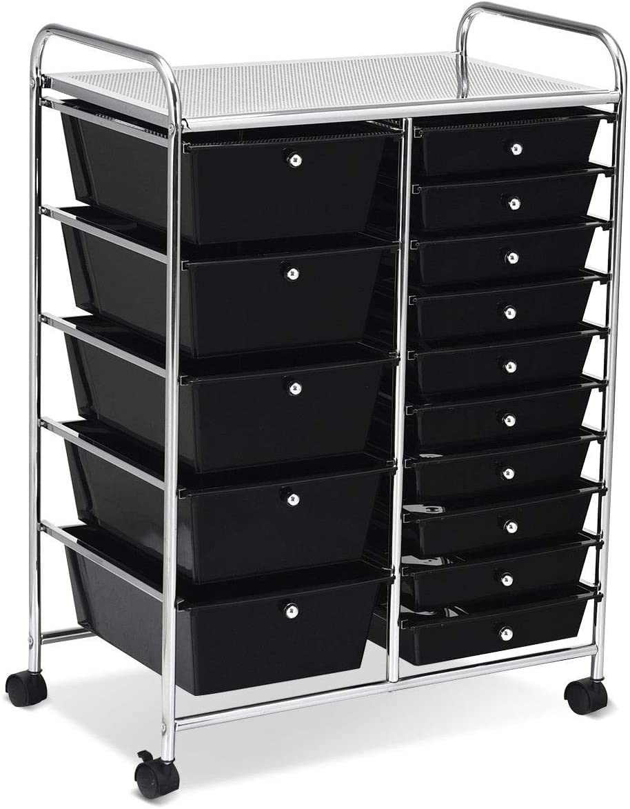 15 Drawer Rolling Storage Cart, Mobile Utility Cart with Lockable Wheels, Drawers, Multipurpose Organizer Cart for Home, Office, School, Black COSTWAY