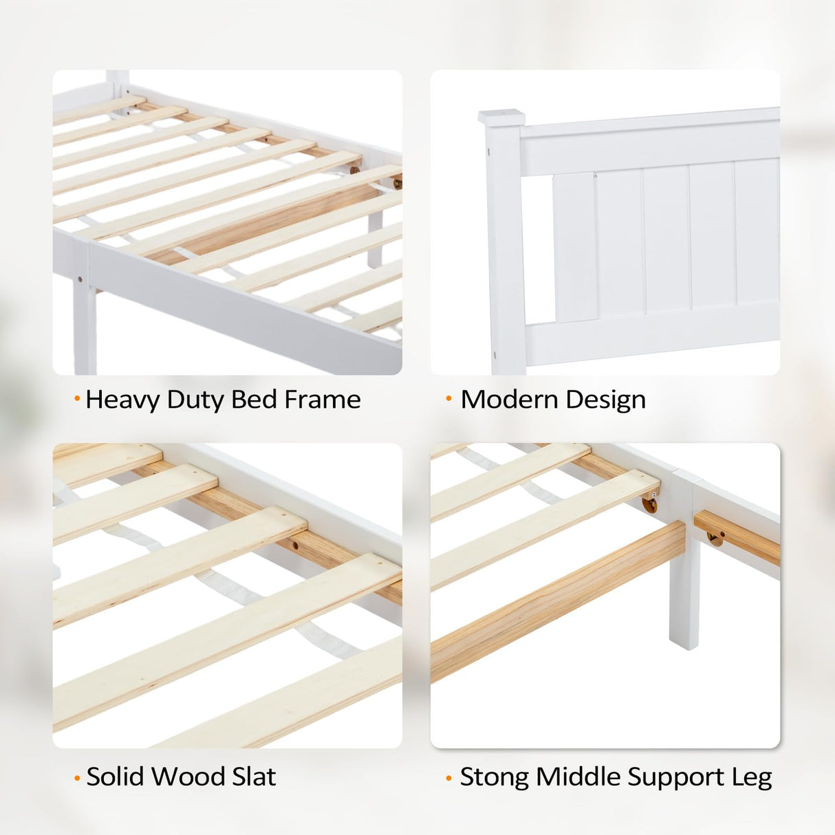 VINGLI Twin Solid Wood Bed Frame with Headboard – Modern White Platform Design, No Box Spring Needed VINGLI