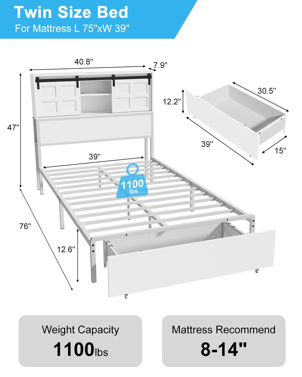 ZBOM Twin Size Bed Frame with Storage Headboard & Drawer, 3-in-1 Charging Station, Metal Slats Support, No Box Spring Needed,Upholstered Platform (White) ZBOM