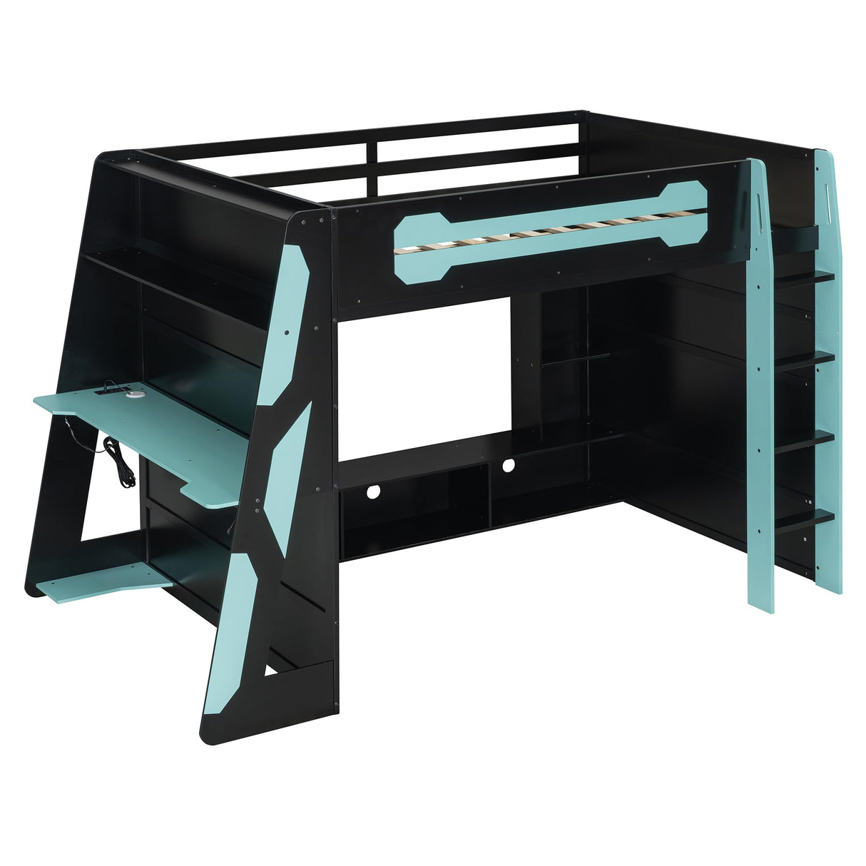 Bellemave Gaming Loft Bed with Desk and Lights, Full Loft Bed with Storage Shelves and Work Station, Wood Loft Bed Frame for Kids, Boys, Girls, Teens, No Spring Box Needed & Dedicated Style, Blue Bellemave
