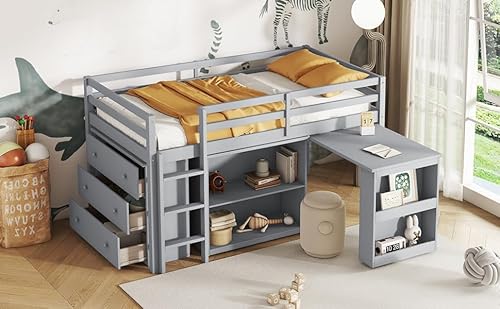 Ball & Cast Twin Loft Bed with Drawer Cabinet and Pulling -Out Desk,Rubber Wood Bed Frame w/Safety Guardrail & Ladder,Space-Saving Furniture for Girls Boys Student Dorms,Grey Ball & Cast