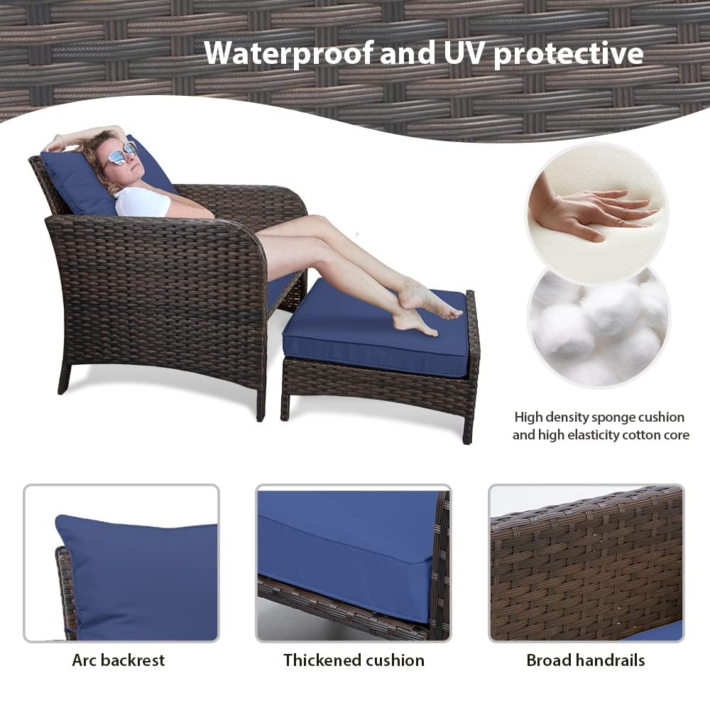 LEVELEVE Balcony Furniture 5 Piece Patio Conversation Set, PE Wicker Rattan Outdoor Lounge Chairs with Soft Cushions 2 Ottoman&Glass Table for Porch, Lawn-Brown Wicker LEVELEVE