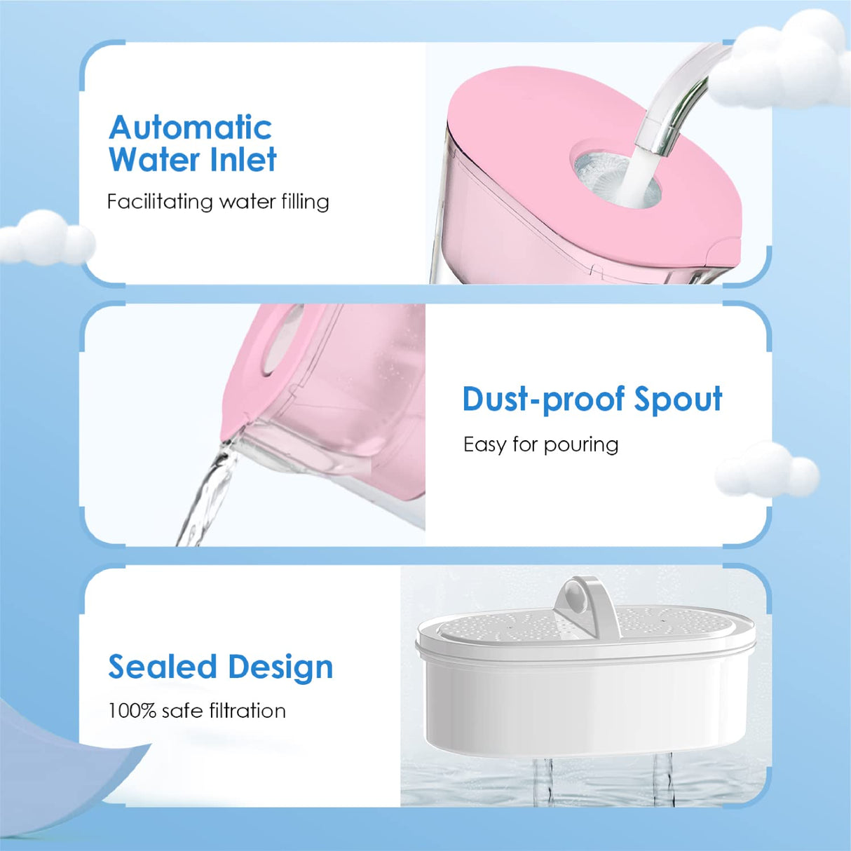 Waterdrop Water Filter Pitcher with 1 Filter, 5X Times Lifetime, Lasts 200 Gallons, for Fridge, Countertop and Gift, Reduces PFOA/PFOS, Chlorine, 7-Cup Capacity, Elfin, Pink Waterdrop