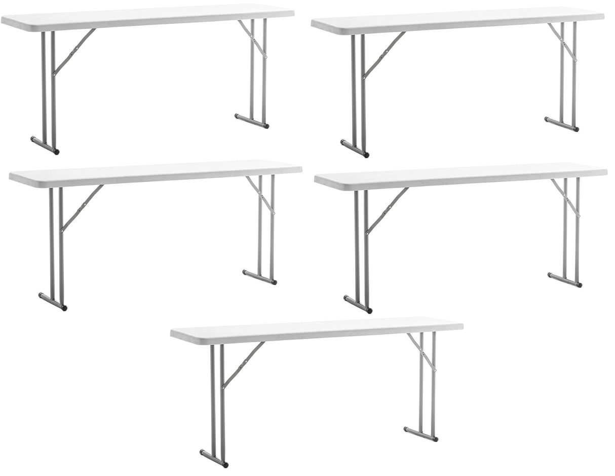 BTEXPERT White Set of 5 6-Foot-72 Long Granite Plastic Folding Seminar Training Table Portable 18" Wide Narrow, 29" High, Events Indoor Outdoor Lightweight BTEXPERT