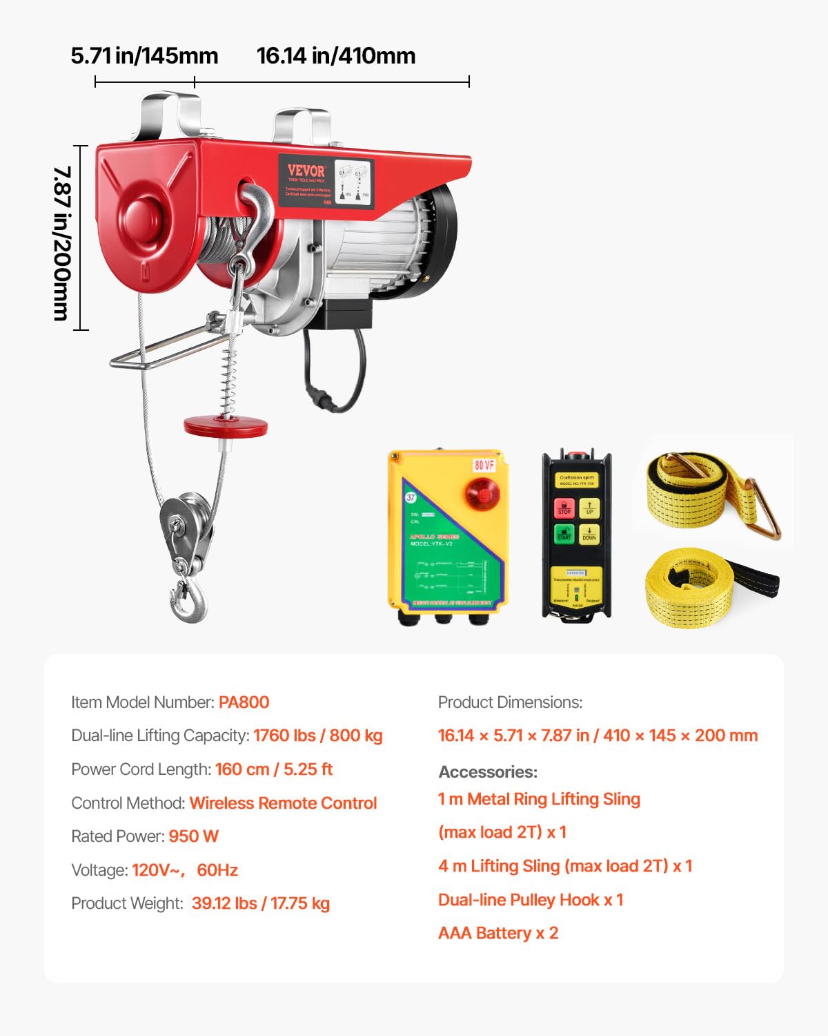 VEVOR Electric Hoist, 1760 lbs 120V Electric Winch with 328 ft Wireless Remote Control, 40 ft Single Cable Lifting Height, Single/Double Slings, Emergency Stop, Lift Hoist for Garage Warehouse Factory VEVOR