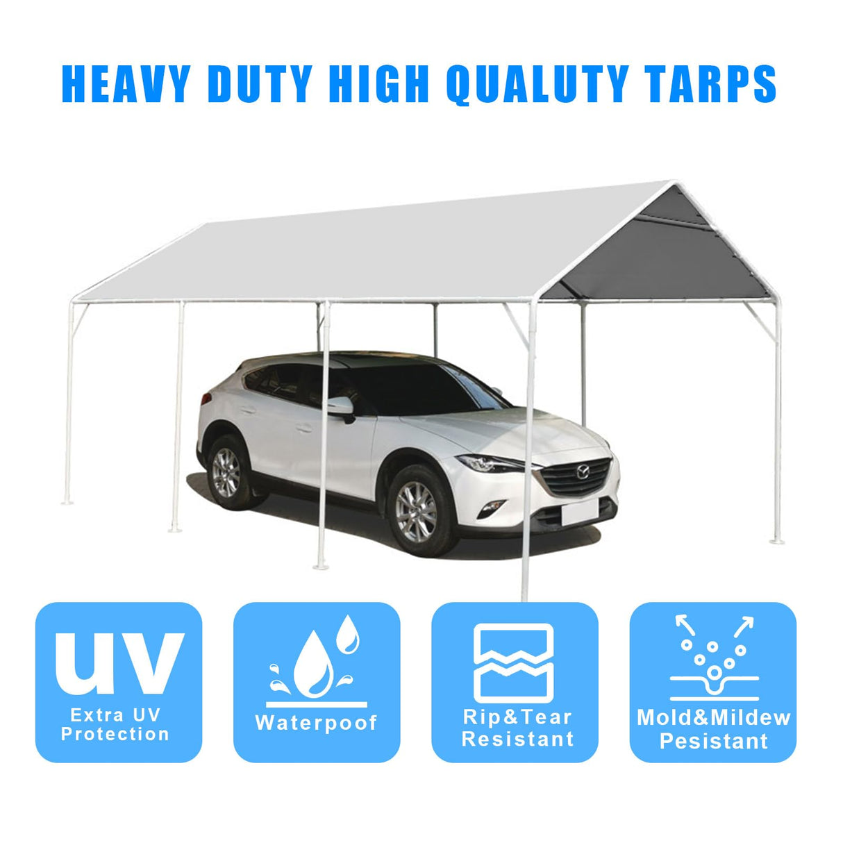 10 x 20 Ft Heavy Duty Carport Replacement Canopy Cover Waterproof & UV Protected Garage Top Tent Shelter Tarp Cover with 44 Ball Bungees Cords, Only Top Cover, Silver Grey BOUTICOL