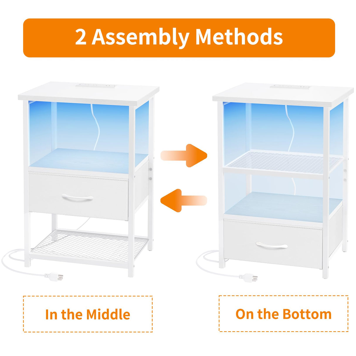Fixwal Night Stand Set of 2 with Charging Station, LED Nightstand with Fabric Drawers, End Table with PU Finish, Bed Side Table, White Fixwal