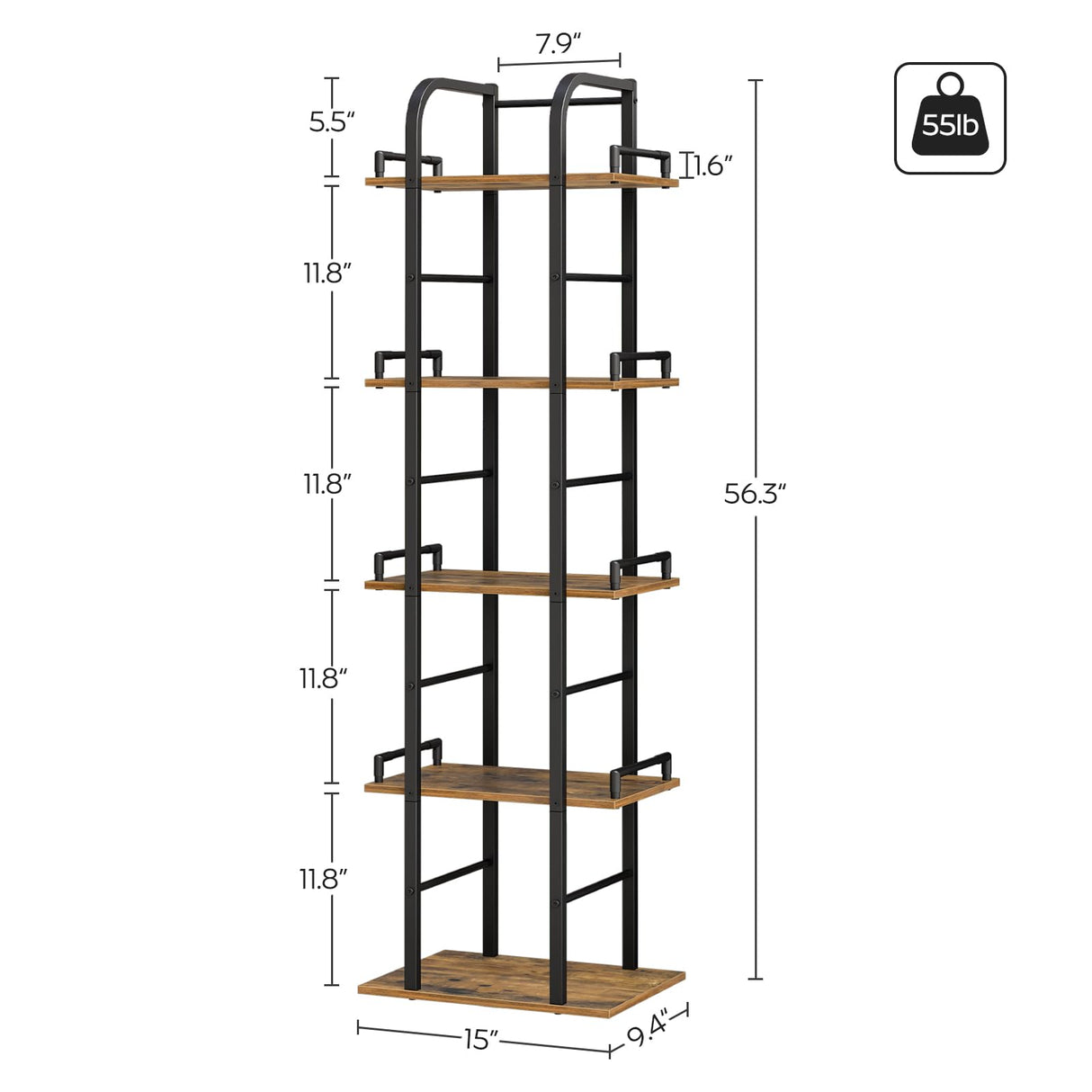 YATINEY Rotating Bookshelf, 5 Tier Spinning Bookcase Tower, 360 Display Narrow Bookshelf, Tall Industrial Corner Shelf Organizer, Storage Shelf Bookcase for Living Room, Rustic Brown and Black SJ02BR YATINEY