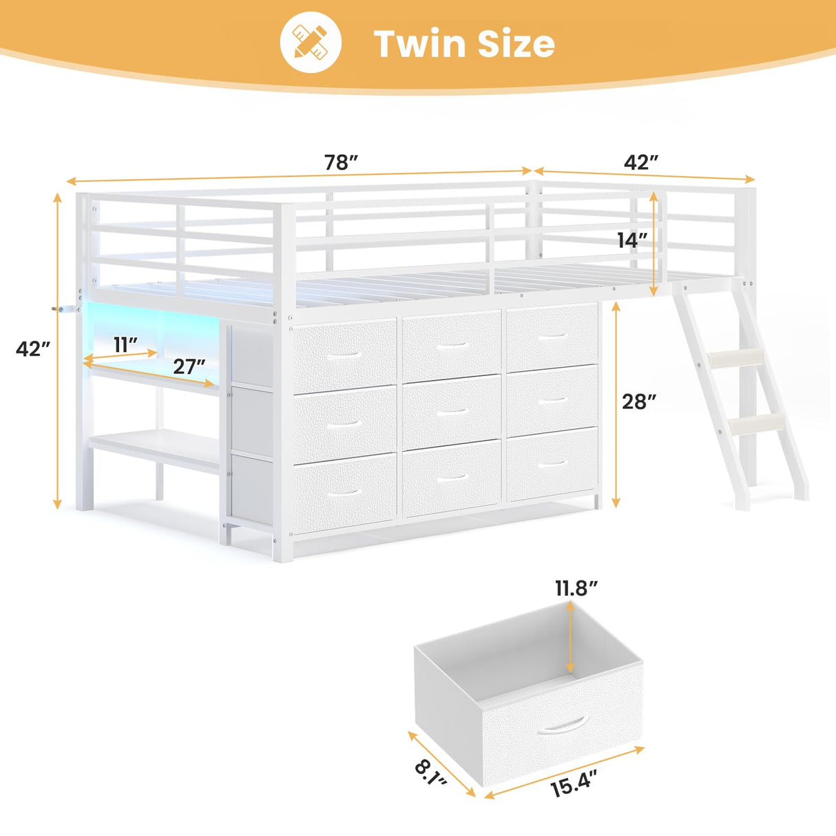 BTHFST Twin Loft Bed for Kids, Low Loft Bed Twin Size with 9 Storage Dresser, LED Lights, 2 Storage Shelves & Stairs, Metal White Bed with Safety Guardrail for Young Teens, Space Saving, White BTHFST