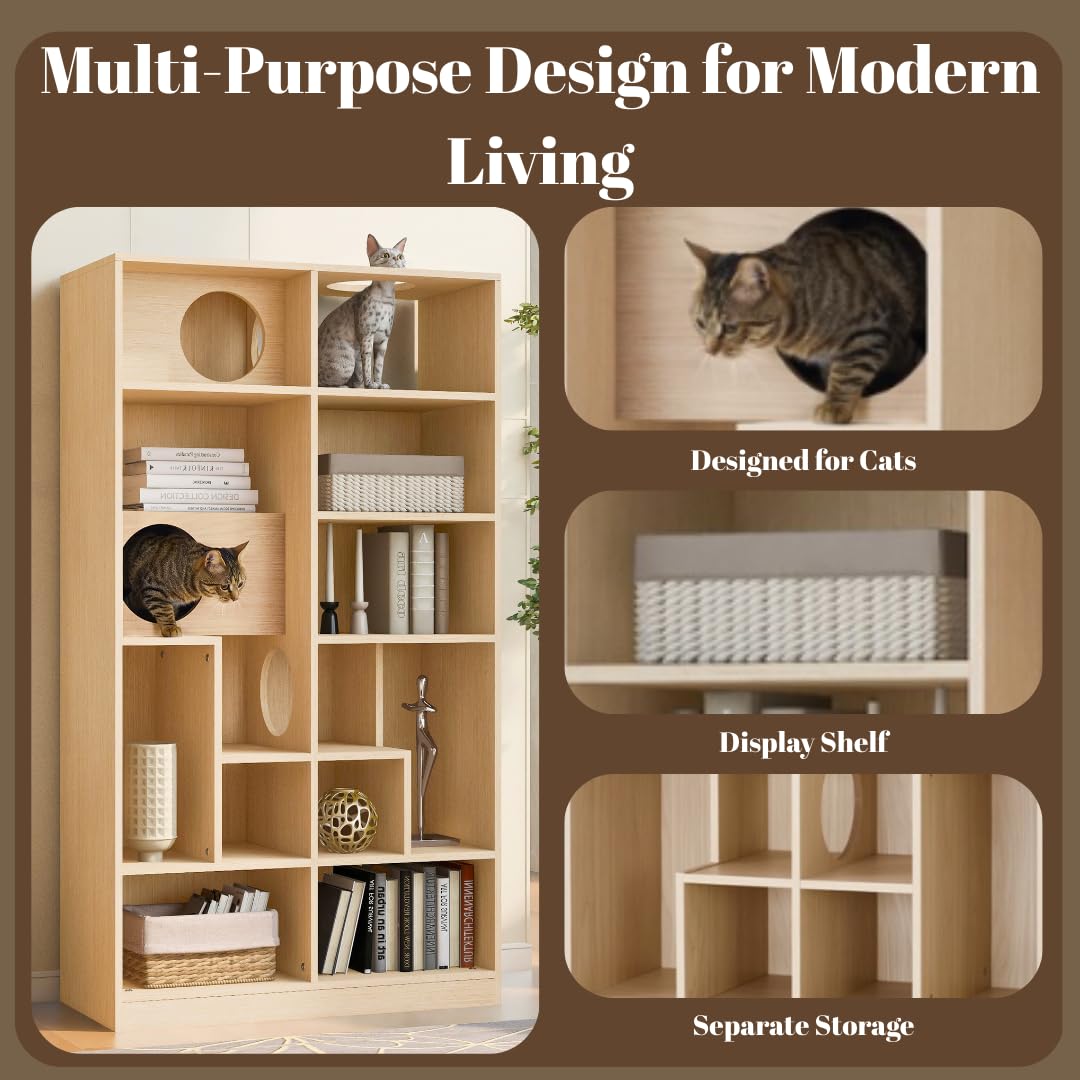 Muelartique Modern 2-in-1 Cat Tree Bookshelf with Litter Box Enclosure, 63.5" Tall Multi-Level Cat Climbing Shelves with Storage, Cat Furniture for Indoor Cats, Natural Muelartique