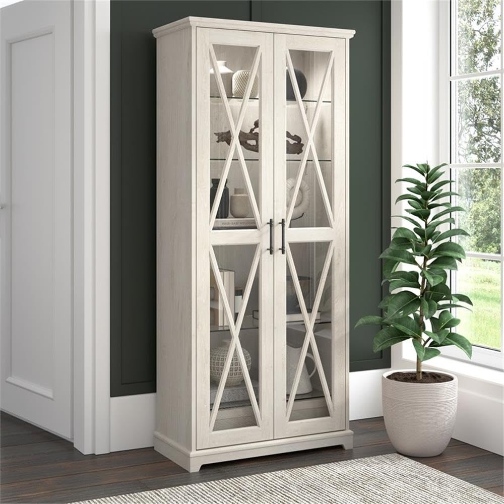 Bush Furniture Lennox Farmhouse Curio Cabinet with Glass Doors and Shelves in Linen White Oak | Tall 5 Shelf Display Case for Living Room or Home Office Bush Home