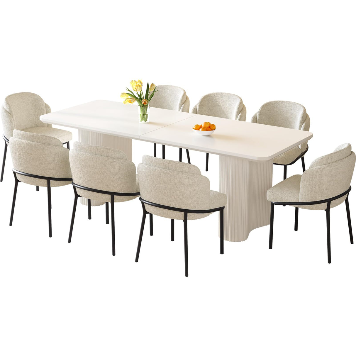 TreLined 9-Piece Dining Table Set for 8, 78.97" Rectangular Kitchen Table with 8 Chairs, Kitchen & Dining Room Sets with Waved Legs for Home, Apartment, White TreLined