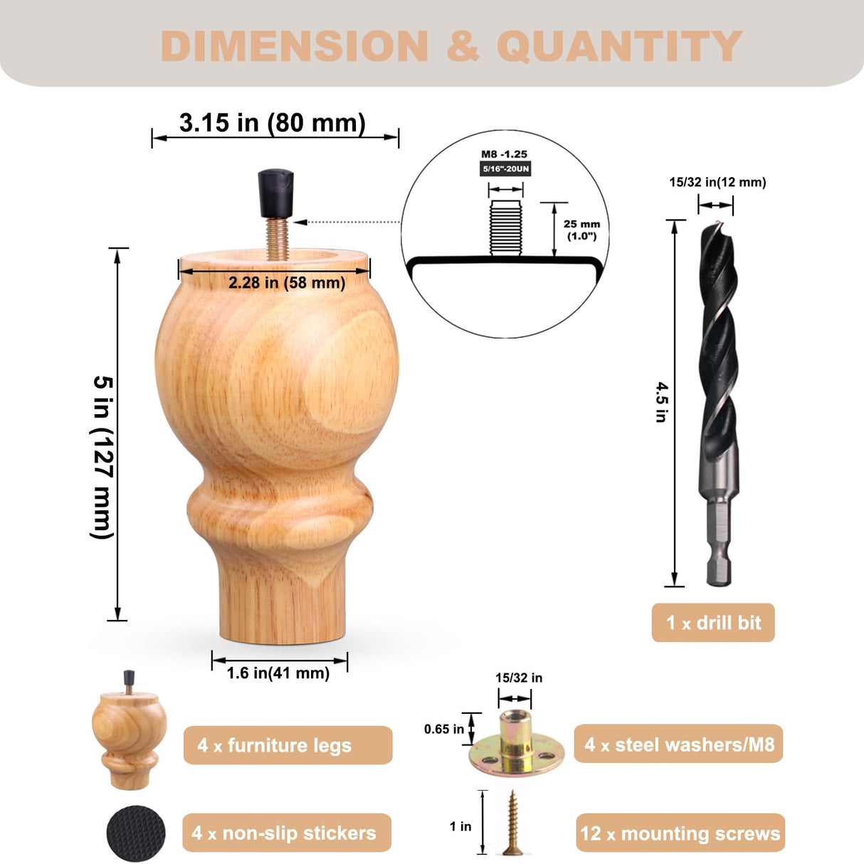 Xlroaafs Wood Couch Legs 5 inch Sofa Legs for Furniture Set of 4, Natural Replacement Wooden Legs Furniture Feet Table Cabinet Dresser Bed Frame Legs Xlroaafs