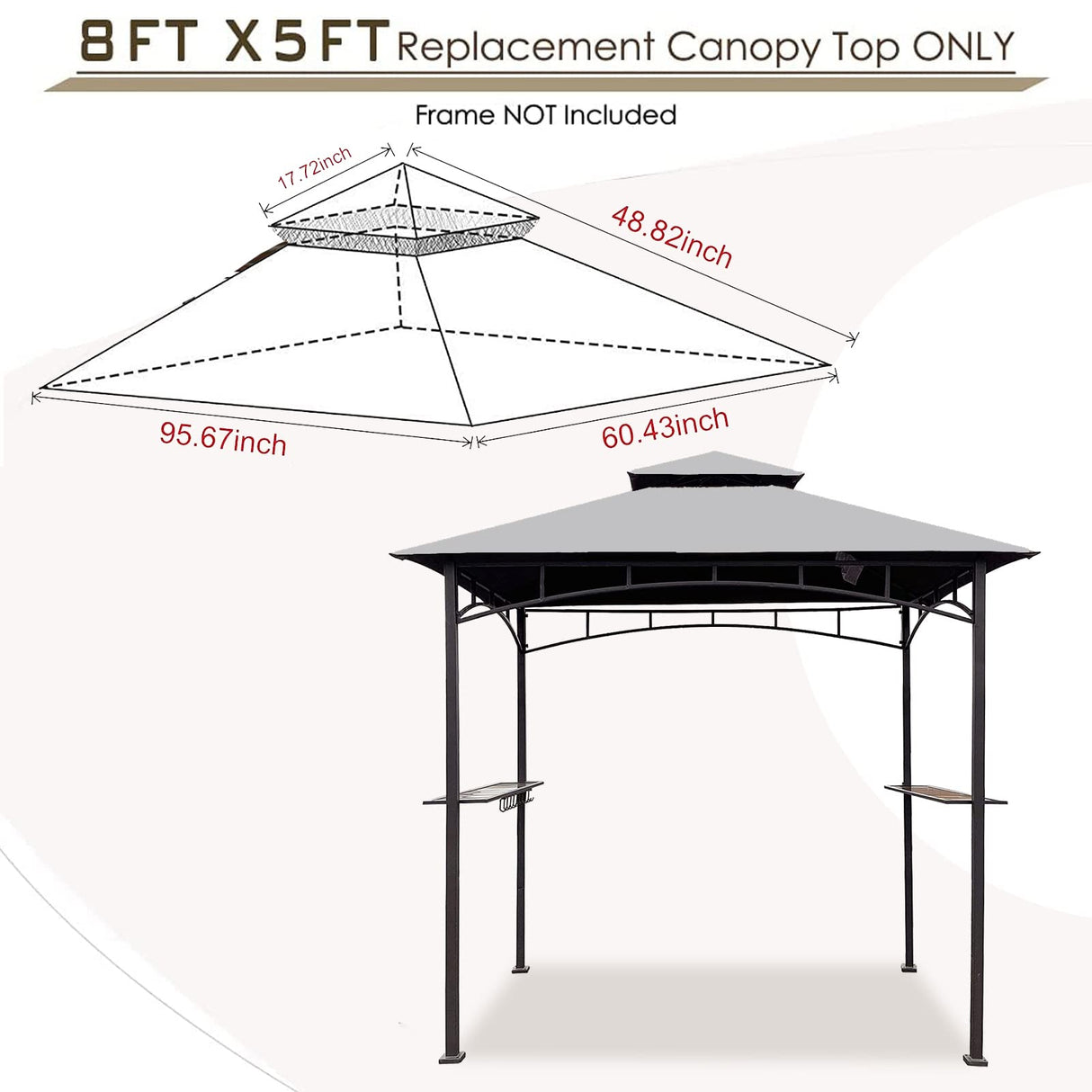 Grill Gazebo Replacement Canopy Roof – Hugline 5x8 Outdoor Grill Shelter Canopy Top Double Tiered BBQ Tent Cover Fit for Model L-GG001PST-F (Gray) Hugline