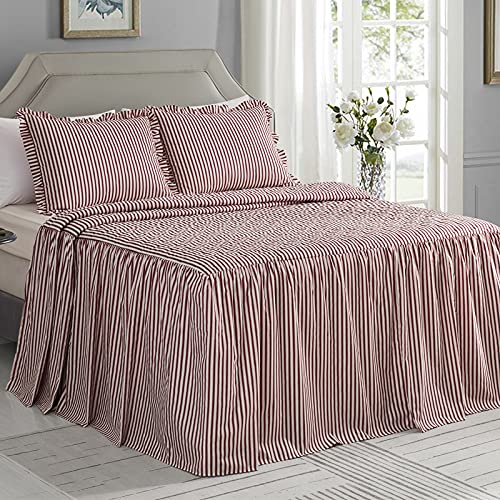CHIXIN Ticking Stripe Ruffle Skirt Bedspread Queen Size - 30" Long Drop, Shabby Chic Style, Lightweight Bedding Cover, 3 Piece Set, Burgundy Red CHIXIN