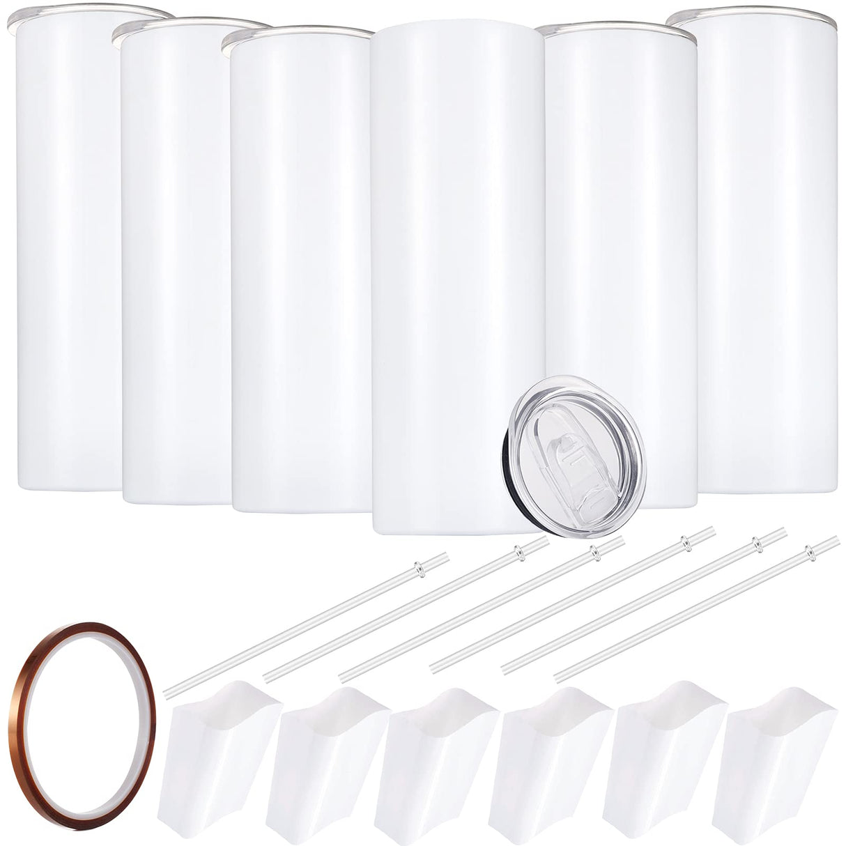 YOUKE OLA Sublimation Skinny Tumbler Straight Blank White 20oz - Sublimation Tumblers for Heat Transfer, Stainless Steel Coffee Cup with Shrink Wrap Sleeve & Heat Tape | Vinyl DIY Gifts, 6 Pack YOUKE OLA