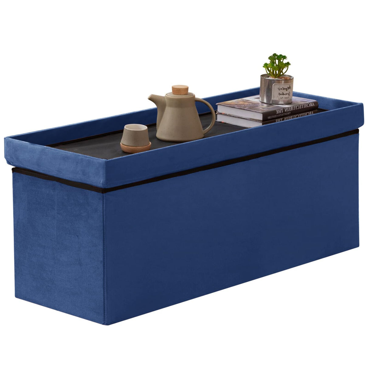 BRIAN & DANY 43 Inches Folding Storage Ottoman Bench, Velvet Ottoman with Storage for Living Room, Long Shoes Bench,Flannelette Footrest Benches Seat (Blue) BRIAN & DANY