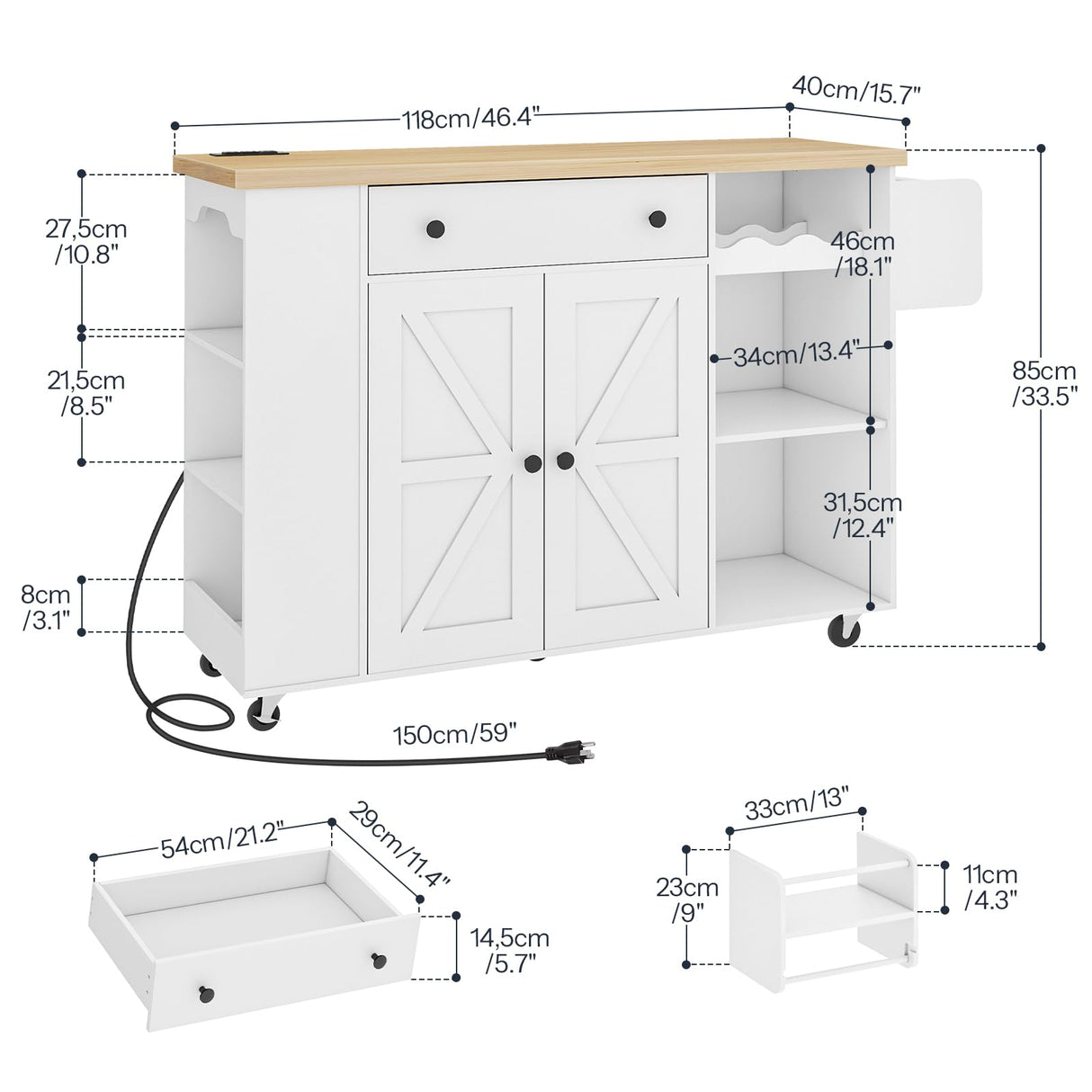 HOOBRO Kitchen Island with Power Outlet, Rolling Kitchen Island on Wheels, White Kitchen Cart with Door Cabinet, Island Table with Storage, Wine Rack and Spice Rack, White and Natural WN16UZD01 HOOBRO