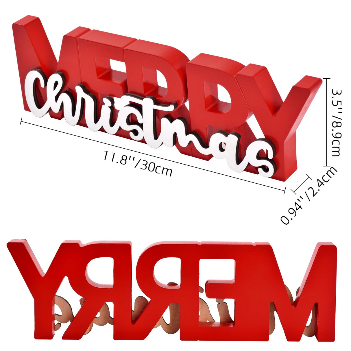 GHOSTMAGIC Merry Christmas Sign, Wooden Christmas Decoration Signs, Merry Christmas Wood Cutout, Free Standing Christmas Centerpiece, Xmas Party Decor for Table Tiered Tray Mantel (red) GHOSTMAGIC