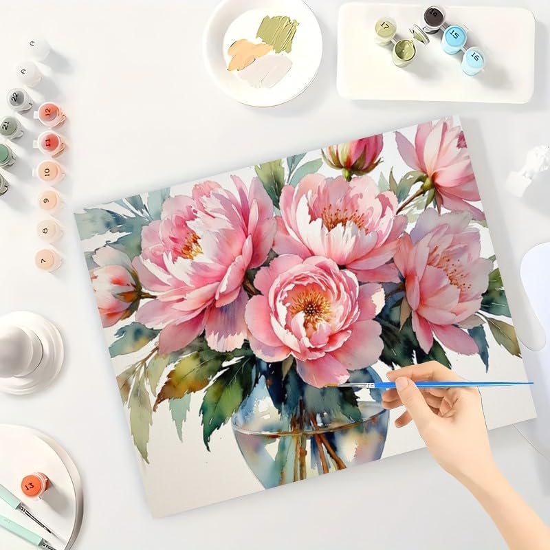 Peony Bloom Paint by Numbers Kit for Adults - DIY Pink Flowers in Glass Vase and Petals Falling Painting on Canvas 16x20 Inches, Acrylic Paint Set for Beginners, Art for Home Decoration Gift TAOPAOLAB