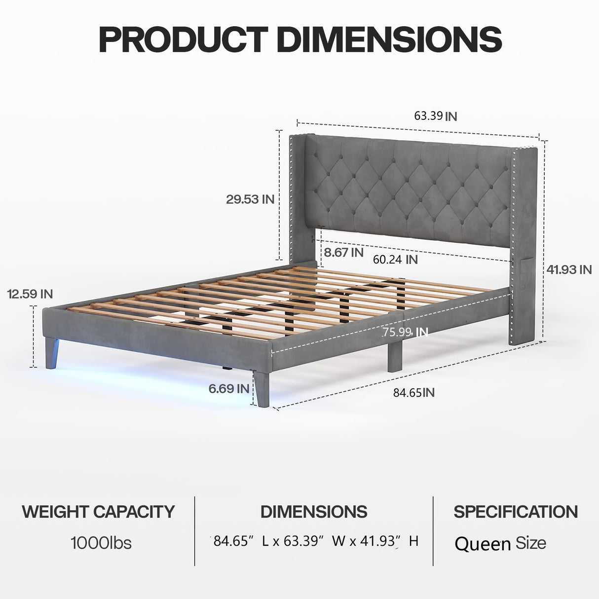 Lihimte Queen Size Bed Frame with Led Lights, Upholstered Velvet Platform Bed Frames with Button Tufted Wingback Headboard and Footboard, Wooden Slats Support, No Box Spring Needed, Dark Grey Lihimte