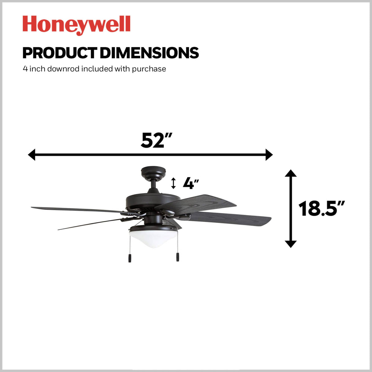 Honeywell Ceiling Fans Belmar 52 Inch Ceiling Fan With Light, Indoor/Outdoor Ceiling Fan with Pull Chain, LED Tri-Mount 5 Blade Design, ETL Damp Rated, Bronze (50512-01) Honeywell Ceiling Fans