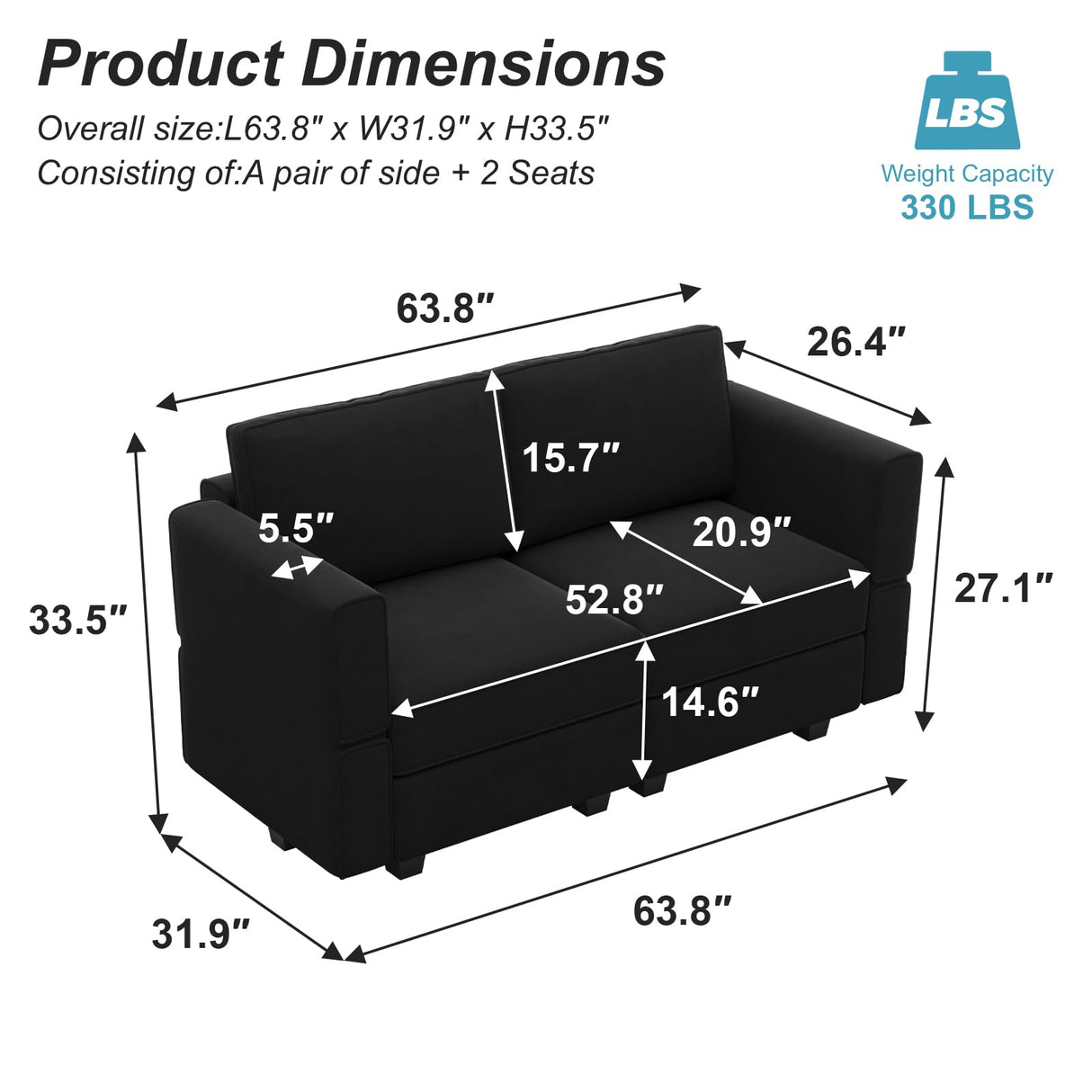 Belffin Modular Loveseat Sofa Couch with Storage Seats Velvet 2 Seater Love Seats for Small Spaces Black Belffin
