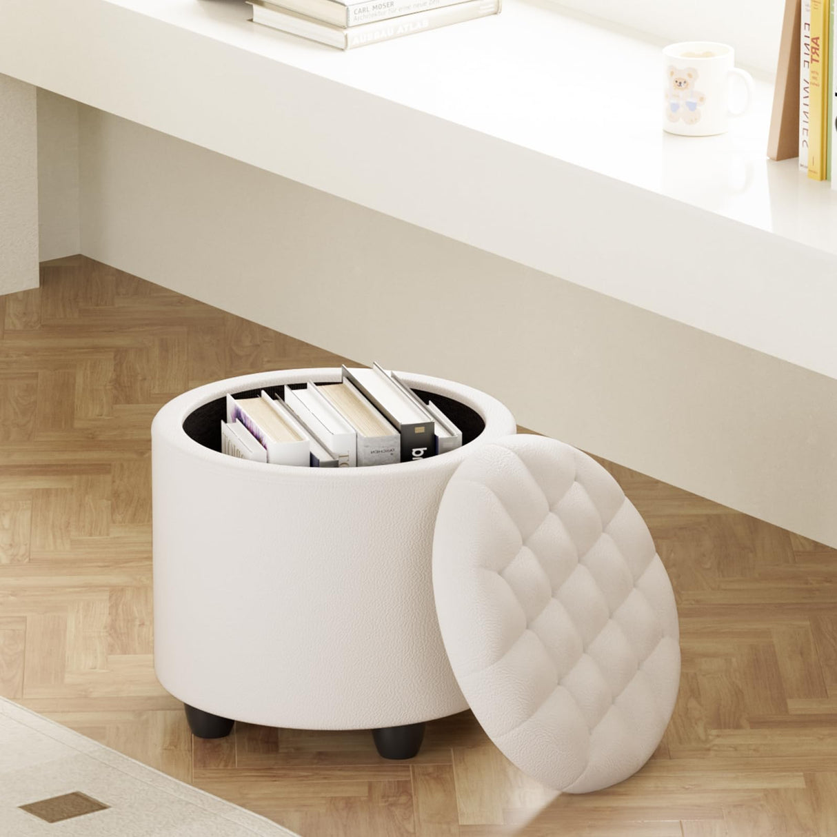 Furniliving Upholstered Button Tufted Round Ottoman, PU Storage Ottoman Round, Removable Lid Convenient Footstools, Classic Ottoman with Storage for Vanity, Nursery Room,IvoryWhite Furniliving