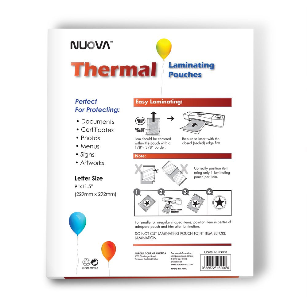 Nuova Premium Thermal Laminating Pouches, 9" x 11.5"/Letter Size/3 mil, 200 Pack (LP200H) Nuova