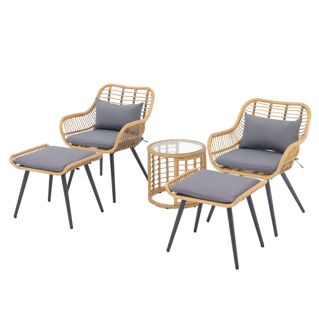 JOIVI 5 Piece Patio Bistro Set, Wicker Outdoor Patio Set with Upgraded Chairs and Ottomans, Round Glass Top Coffee Side Table, Patio Rattan Conversation Set for Balcony, Lawn, Garden, Backyard, Gray JOIVI