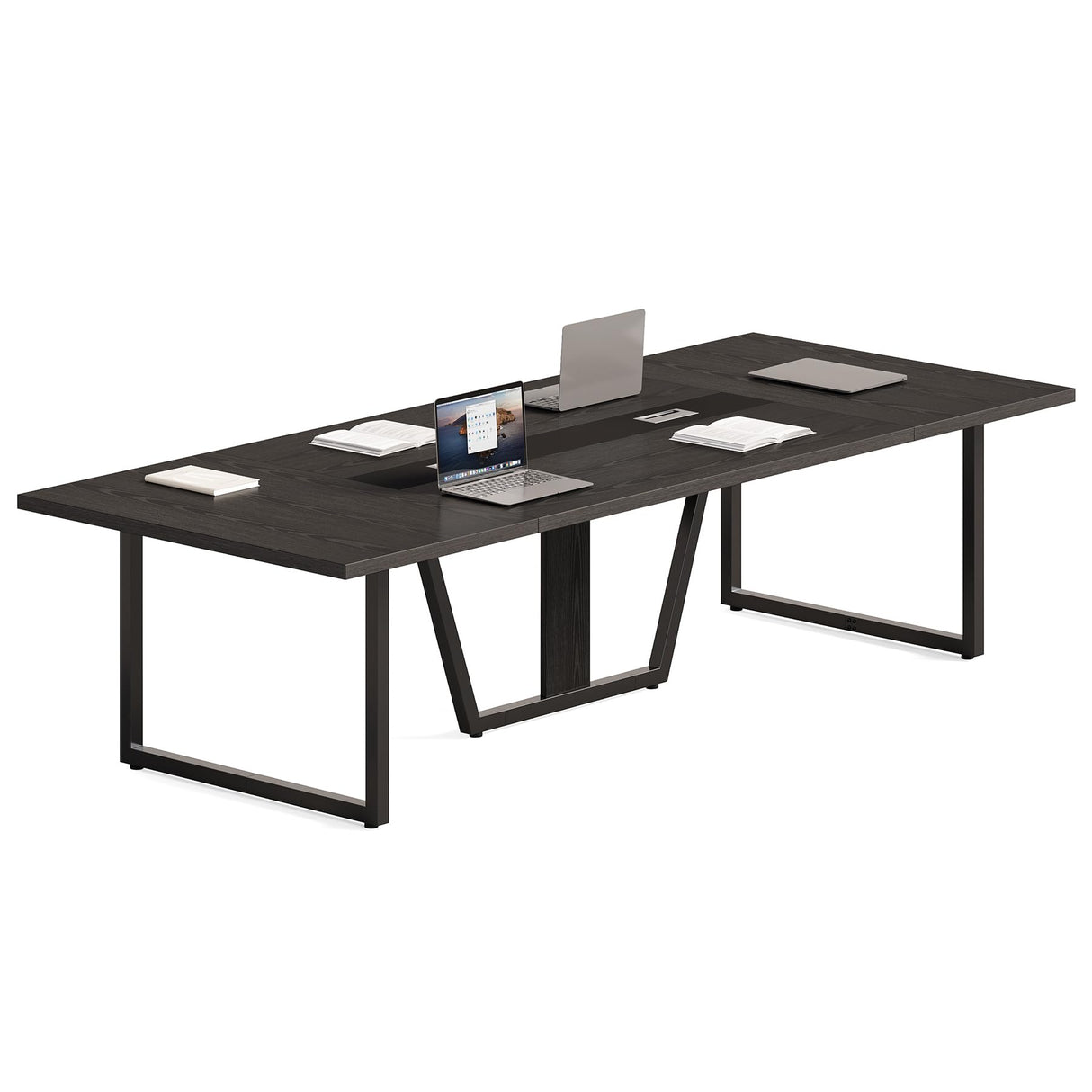 LITTLE TREE 8FT Conference Table for 10 People, Large Meeting Table, Modern Wooden Conference Room Table with Cable Management, Business Training Table with Strong Metal Legs for Office, Black LITTLE TREE