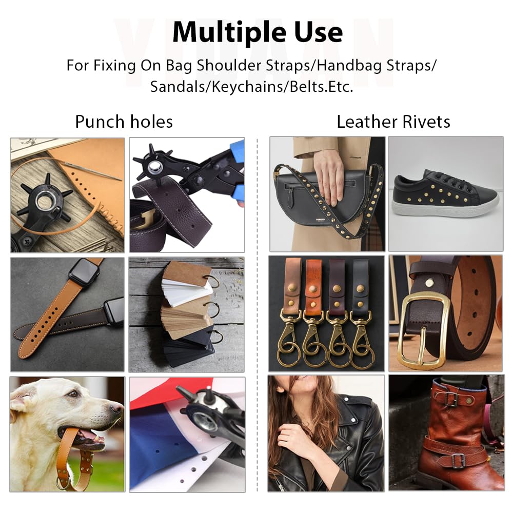 Belt Hole Puncher with 240 Sets of Leather Rivets - Updated Hole Sizes Puncher for Belt, Watch Band, Strap, Dog Collar, Saddle, Shoes, Fabric, DIY Home or Craft Project YIDAAN