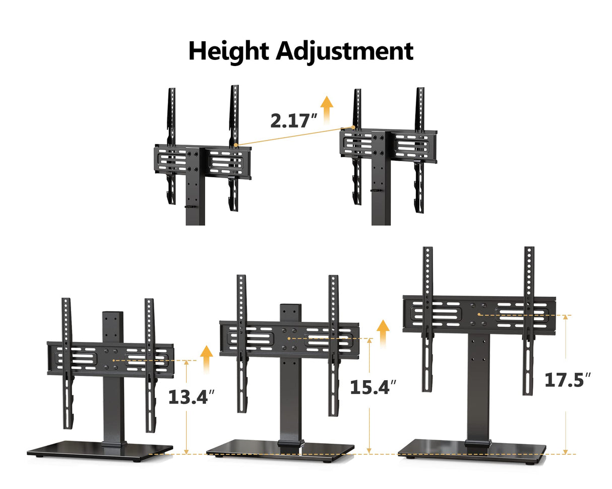 FITUEYES Universal TV Mount Stand Table Top TV Stand for 27-55 inch TVS Height Adjustable TV Stand Mount, Glass Base, Black FITUEYES
