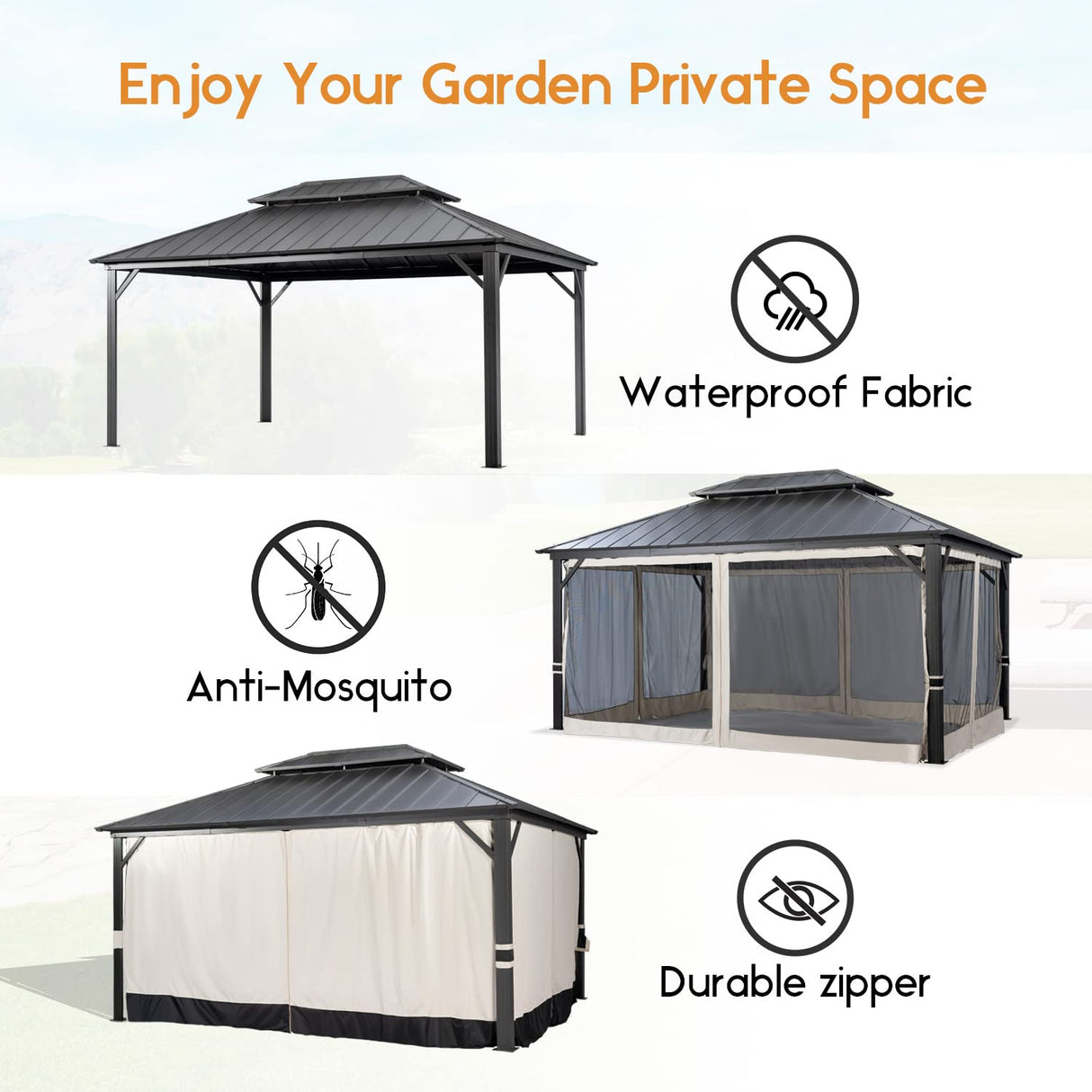 Warmally 12' x 16' Hardtop Gazebo, Outdoor Permanent Gazebo with Galvanized Steel Double Roof Canopy, Aluminum Frame Pavilion with Netting and Curtains for Patio, Deck, Backyard, Lawn and Gardens Warmally
