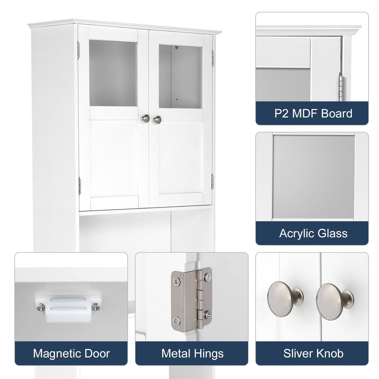 Bonnlo Over The Toilet Storage Cabinet with Adjustable Shelf White Bathroom Floor Organizer Space Saver with Double Doors, 67" Height Bonnlo