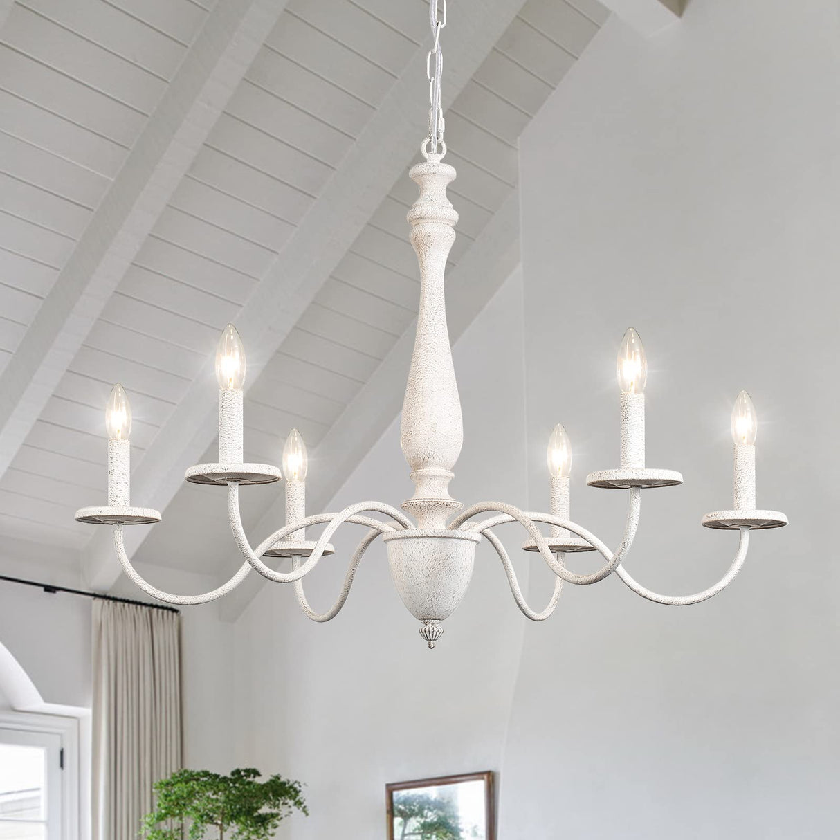 6-Light Chandelier Farmhouse Chandeliers for Dining Room Lighting Fixture, French Country White Chandelier Brown White Wood Chandeliers for Living Room Bedrooms Dining Room Foyer YLCHYTDZSW