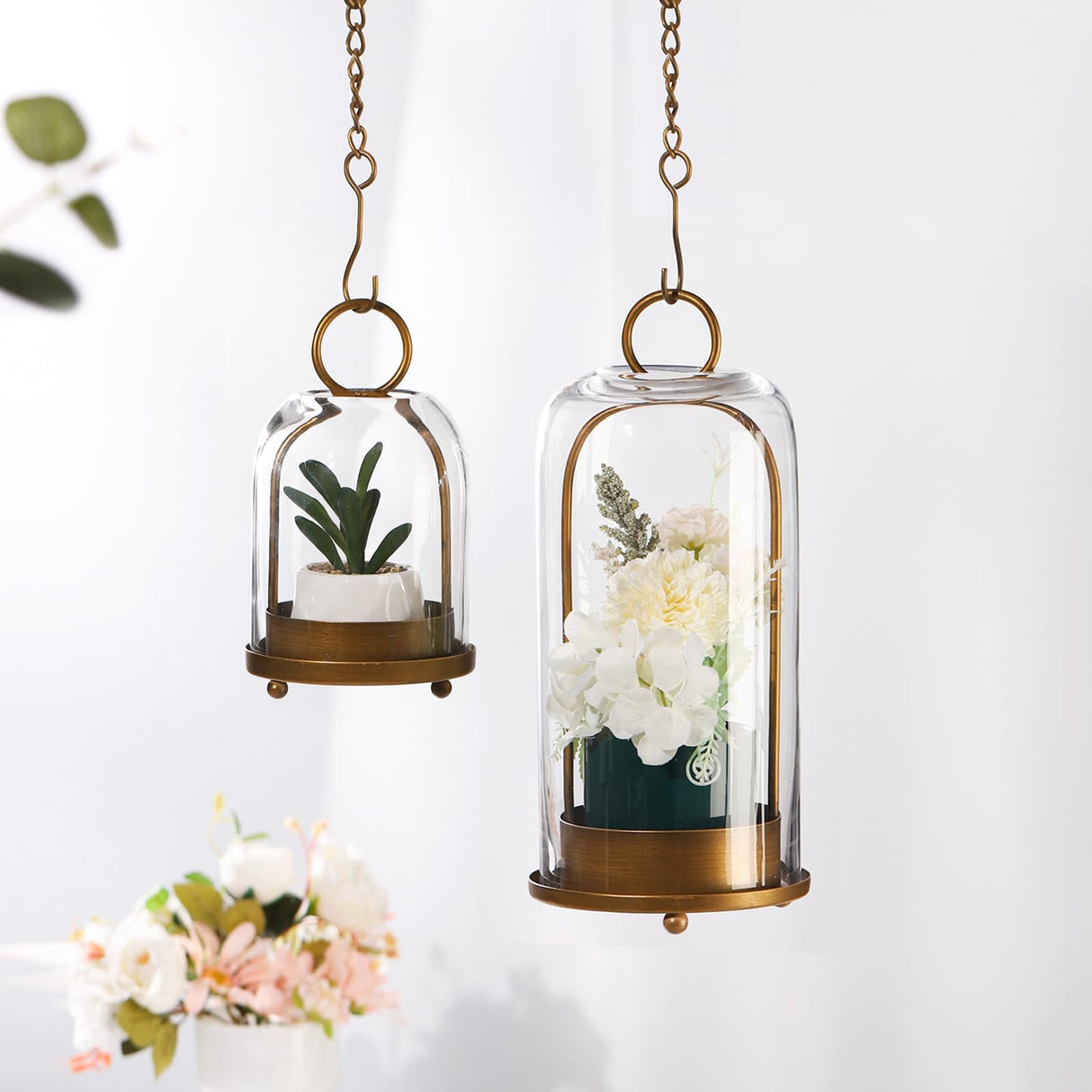 5" & 4" Wide Versatile Metal Candle Holder with Handmade Sturdy Glass Dome in Brass for Pillar Candle & Plants, 5.1" xH11.8 4" xH7.5, Industrial, Farmhouse, Shabby Chic. (2, Brass, Large & Small) WoodArtSupply