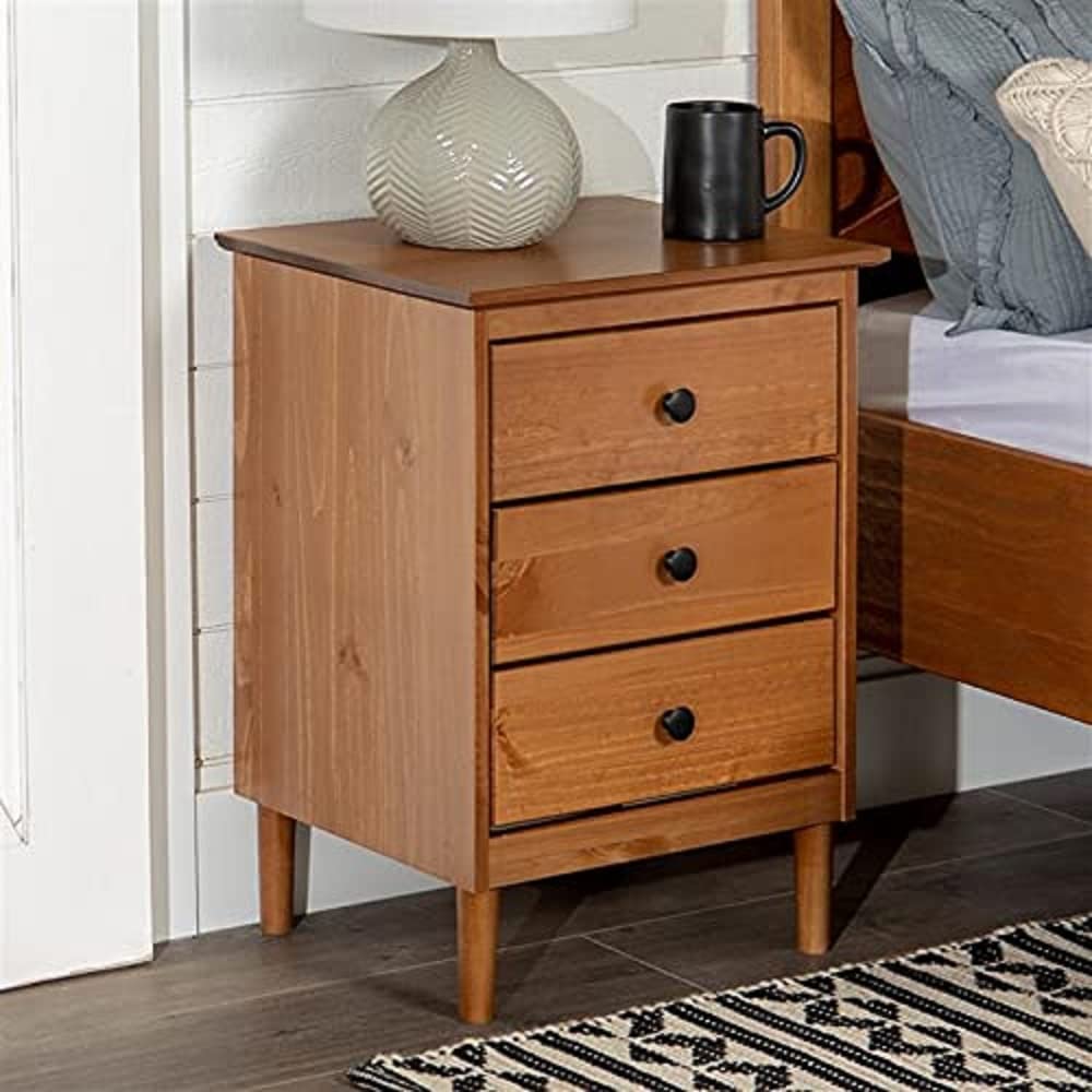 Walker Edison Myron Modern 2 Piece Solid Wood 3 Drawer Nightstand Set, 2 Pack, Caramel Walker Edison